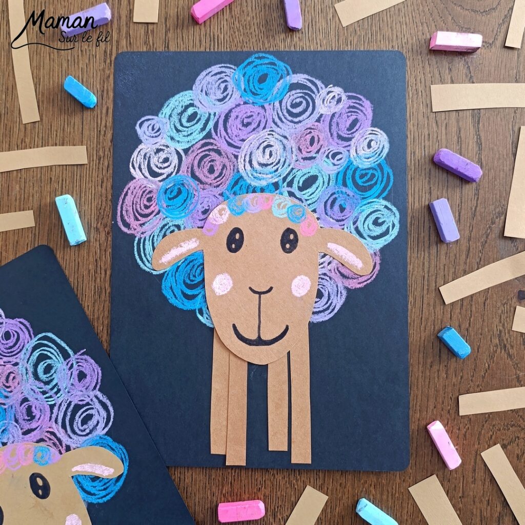 Créer un mouton en gribouillage de pastels secs sur fond noir : activité créative, dessin et manuelle enfants - Ronds, spirales, gribouillages aux pastels secs pour la laine - Découpage et collage pour la tête et les pattes - Arts visuels et Bricolage facile - Thème animaux de la ferme, campagne - Bricolage et décoration sympa et facile - Arts visuels maternelle et élémentaire - Cycles 1 et 2 - Créativité - tutoriel photos et vidéo - mslf