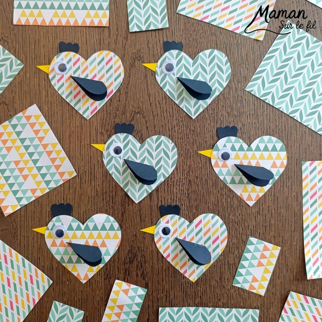 Créer des poules Coeurs avec du papier à motifs : activité créative, papier et manuelle enfants - Bricolage mignon - Découpage, collage de papier - Formes de coeur pour honorer l'amour - Couleurs automnales - Yeux mobiles - Arts visuels et Bricolage facile - Thème animaux de la ferme, campagne, pâques, oiseaux, saint-valentin, amour, amitié, automne - Bricolage et décoration sympa et facile - Arts visuels maternelle et élémentaire - Cycles 1 et 2 - Créativité - tutoriel photos et vidéo - mslf