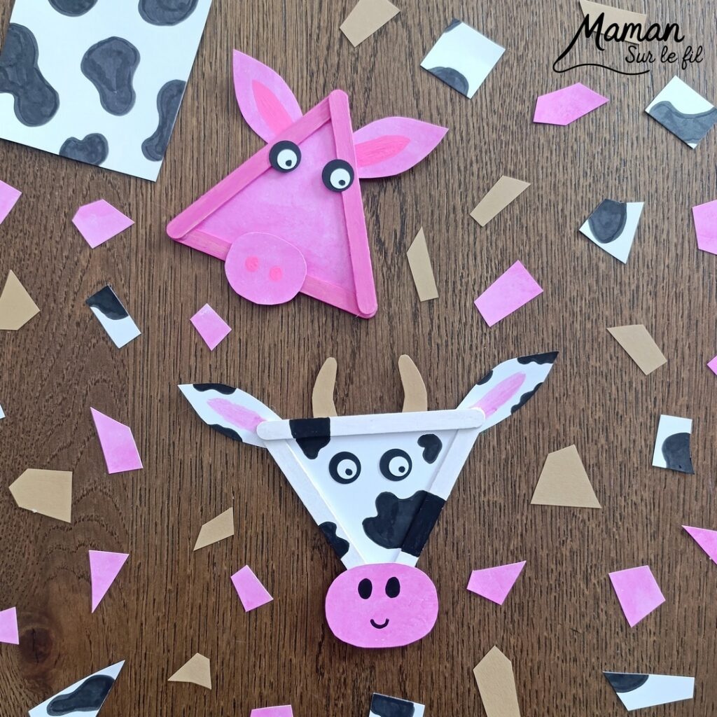 Créer un cochon et une vache en triangle de bâtonnets de glace en bois : activité créative, récup' et manuelle enfants - Recyclage, surcyclage de bâtonnets de glace en bois - Peinture avec gouache en stick - Découpage et collage de papier pour les détails - Dessins noirs - Arts visuels et Bricolage facile - Thème animaux de la ferme, campagne, cochons, vaches - Bricolage et décoration sympa et facile - Arts visuels maternelle et élémentaire - Cycles 1 et 2 - Créativité - tutoriel photos - mslf