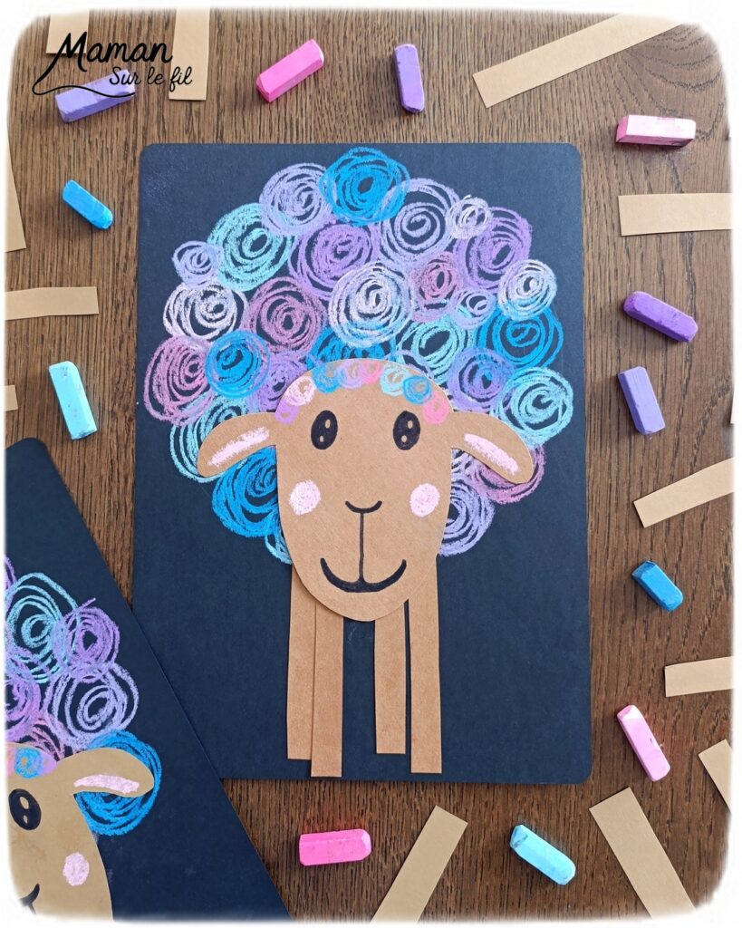 Créer un mouton en gribouillage de pastels secs sur fond noir : activité créative, dessin et manuelle enfants - Ronds, spirales, gribouillages aux pastels secs pour la laine - Découpage et collage pour la tête et les pattes - Arts visuels et Bricolage facile - Thème animaux de la ferme, campagne - Bricolage et décoration sympa et facile - Arts visuels maternelle et élémentaire - Cycles 1 et 2 - Créativité - tutoriel photos et vidéo - mslf