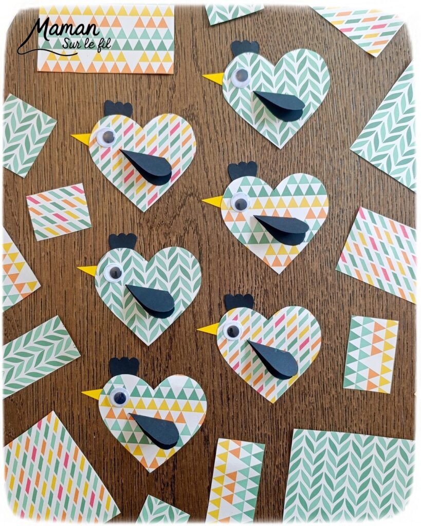Créer des poules Coeurs avec du papier à motifs : activité créative, papier et manuelle enfants - Bricolage mignon - Découpage, collage de papier - Formes de coeur pour honorer l'amour - Couleurs automnales - Yeux mobiles - Arts visuels et Bricolage facile - Thème animaux de la ferme, campagne, pâques, oiseaux, saint-valentin, amour, amitié, automne - Bricolage et décoration sympa et facile - Arts visuels maternelle et élémentaire - Cycles 1 et 2 - Créativité - tutoriel photos et vidéo - mslf