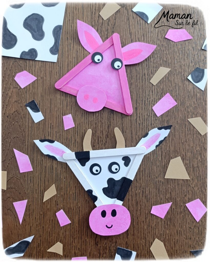 Créer un cochon et une vache en triangle de bâtonnets de glace en bois : activité créative, récup' et manuelle enfants - Recyclage, surcyclage de bâtonnets de glace en bois - Peinture avec gouache en stick - Découpage et collage de papier pour les détails - Dessins noirs - Arts visuels et Bricolage facile - Thème animaux de la ferme, campagne, cochons, vaches - Bricolage et décoration sympa et facile - Arts visuels maternelle et élémentaire - Cycles 1 et 2 - Créativité - tutoriel photos - mslf