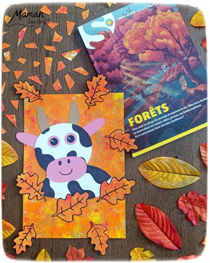 Créer une vache au milieu des feuilles d'automne et présentation des nouveaux hors-séries Salamandre : activité créative, peinture, collage et manuelle et lecture enfants - Fond en peinture à l'éponge dans des couleurs chaudes et automnales - Découpage des éléments de la vache et des feuilles - Dessin des détails et collage des éléments - Avis sur les magazines Hors-série Petite Salamandre, Salamandre Junior, Revue Salamandre parfaits pour 4 à 99 ans, amoureux de la nature et des animaux - Maternelle, Primaire, collège, lycée, adultes - 3 versions pour tout âge - Complet et qualitatif - Reportages, belles photos, BD, jeux, activités manuelles... - Bricolage et décoration DIY et facile - Bricolage Fait maison, décoration - Thème Forêts, Arbres, animaux des bois, automne, animaux de la ferme - Bricolage sympa et facile - Arts visuels Maternelle et cycle 2 - Maternelle et élémentaire - Créativité et lecture jeunesse - Cycle 1 ou 2 - tutoriel photos - mslf