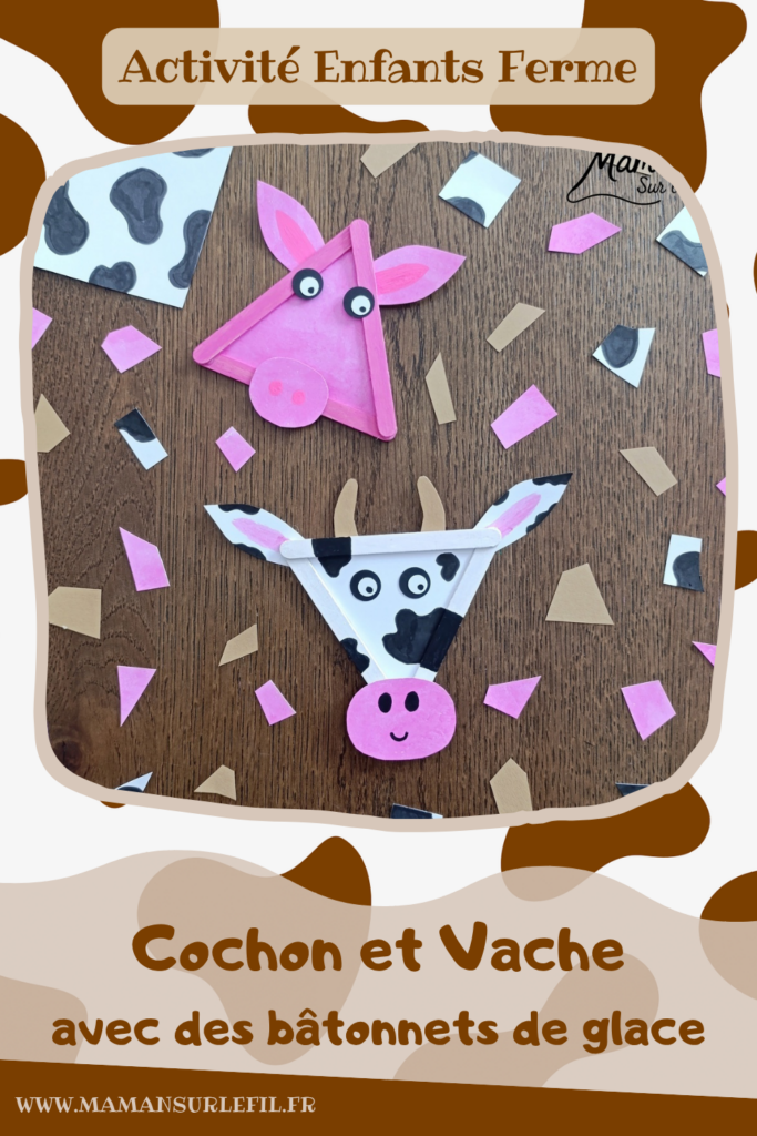 Créer un cochon et une vache en triangle de bâtonnets de glace en bois : activité créative, récup' et manuelle enfants - Recyclage, surcyclage de bâtonnets de glace en bois - Peinture avec gouache en stick - Découpage et collage de papier pour les détails - Dessins noirs - Arts visuels et Bricolage facile - Thème animaux de la ferme, campagne, cochons, vaches - Bricolage et décoration sympa et facile - Arts visuels maternelle et élémentaire - Cycles 1 et 2 - Créativité - tutoriel photos - mslf