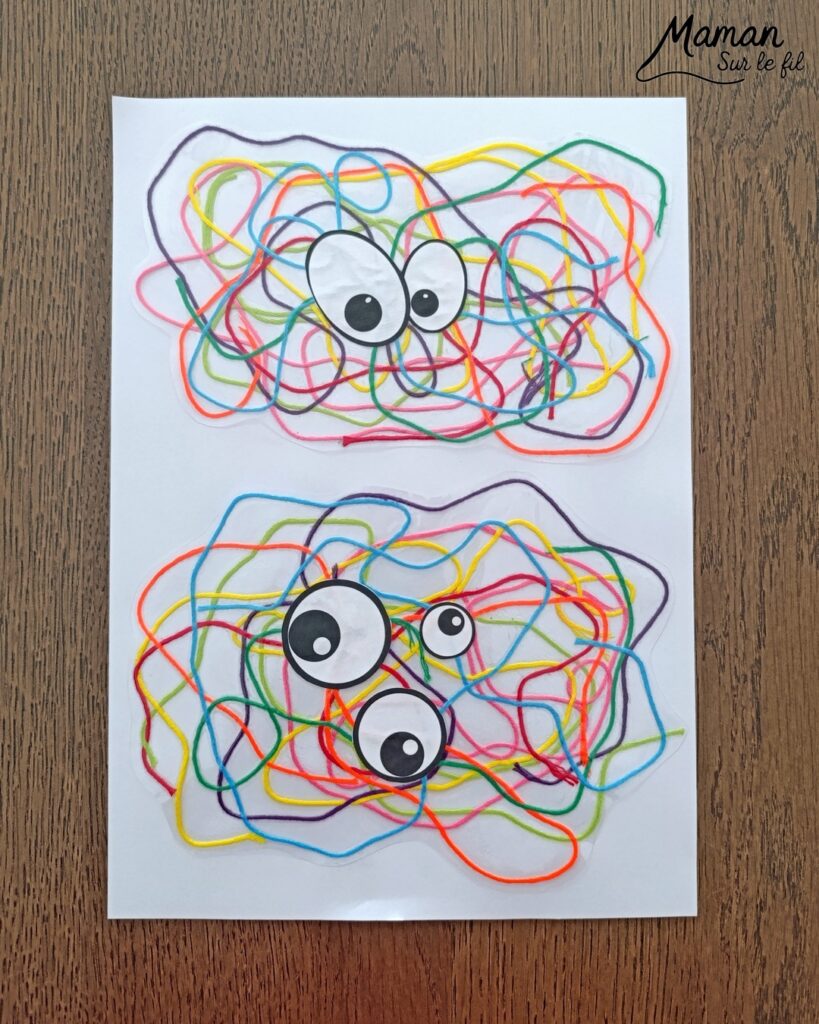 Créer des monstres colorés en laine plastifiée : activité créative, rigolote et manuelle - Laine, fils de broderie multicolores collé ou plastifié pour faire une forme aléatoire de monstres - Yeux rigolos découpés et collés pour finir - Découpage, collage - Tête de monstre rigolote - Bricolage et décoration DIY et facile - Bricolage Fait maison, décoration - Thème Halloween, monstres, créatures imaginaires et légendaires - Bricolage sympa et facile - Arts visuels Maternelle et cycle 2 - Maternelle et élémentaire - Créativité - Cycle 1 ou 2 - tutoriel photos et vidéo - mslf