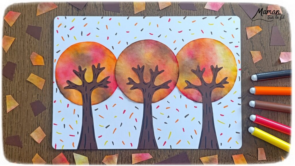 Créer une forêt et des arbres d'automne avec des filtres à café : activité créative, peinture et manuelle - Découpage de cercles dans les filtres à café - Gribouillage avec des feutres et pulvérisation d'eau sur les filtres à café - Couleurs automnales se mélangent pour créer des dégradés - Découpage et collage de papier pour les troncs - Dessins et graphismes - Couleurs chaudes et automnales - Bricolage et décoration DIY et facile - Bricolage Fait maison, décoration - Thème Forêts, Arbres, feuilles mortes, automne - Bricolage sympa et facile - Arts visuels Maternelle et cycle 2 - Maternelle et élémentaire - Créativité - Cycle 1 ou 2 - tutoriel photos et vidéo - mslf