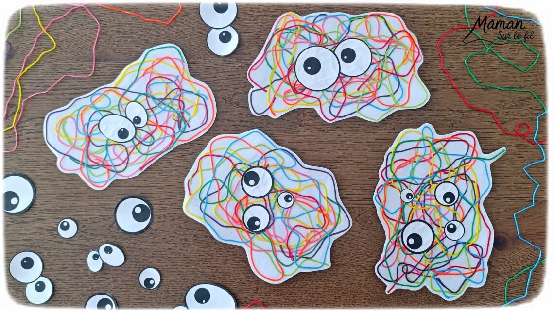 Créer des monstres colorés en laine plastifiée : activité créative, rigolote et manuelle - Laine, fils de broderie multicolores collé ou plastifié pour faire une forme aléatoire de monstres - Yeux rigolos découpés et collés pour finir - Découpage, collage - Tête de monstre rigolote - Bricolage et décoration DIY et facile - Bricolage Fait maison, décoration - Thème Halloween, monstres, créatures imaginaires et légendaires - Bricolage sympa et facile - Arts visuels Maternelle et cycle 2 - Maternelle et élémentaire - Créativité - Cycle 1 ou 2 - tutoriel photos et vidéo - mslf