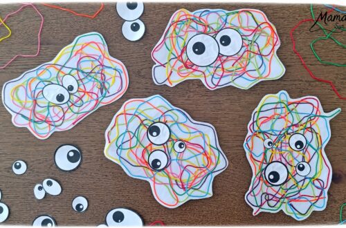 Créer des monstres colorés en laine plastifiée : activité créative, rigolote et manuelle - Laine, fils de broderie multicolores collé ou plastifié pour faire une forme aléatoire de monstres - Yeux rigolos découpés et collés pour finir - Découpage, collage - Tête de monstre rigolote - Bricolage et décoration DIY et facile - Bricolage Fait maison, décoration - Thème Halloween, monstres, créatures imaginaires et légendaires - Bricolage sympa et facile - Arts visuels Maternelle et cycle 2 - Maternelle et élémentaire - Créativité - Cycle 1 ou 2 - tutoriel photos et vidéo - mslf