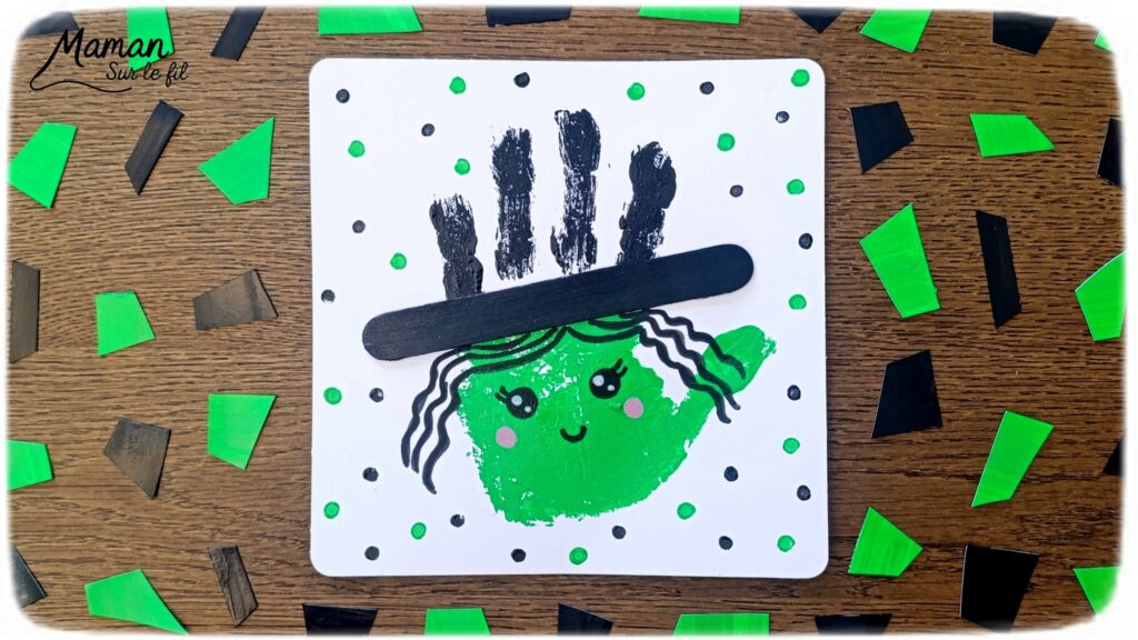 Peindre une gentille sorcière avec une empreinte de main : activité créative, peinture et manuelle - Peinture avec empreinte de main - Mignonne sorcière - Récup', recyclage, surcyclage de bâtonnet de glace en bois - Dessin, pointillisme avec cotons-tiges - Bricolage et décoration DIY et facile - Bricolage Fait maison, décoration - Thème Halloween, créatures imaginaires et légendaires - Bricolage sympa et facile - Arts visuels Maternelle et cycle 2 - Maternelle et élémentaire - Créativité - Cycle 1 ou 2 - tutoriel photos - mslf