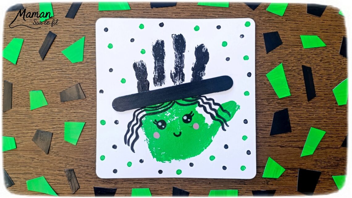 Peindre une gentille sorcière avec une empreinte de main : activité créative, peinture et manuelle - Peinture avec empreinte de main - Mignonne sorcière - Récup', recyclage, surcyclage de bâtonnet de glace en bois - Dessin, pointillisme avec cotons-tiges - Bricolage et décoration DIY et facile - Bricolage Fait maison, décoration - Thème Halloween, créatures imaginaires et légendaires - Bricolage sympa et facile - Arts visuels Maternelle et cycle 2 - Maternelle et élémentaire - Créativité - Cycle 1 ou 2 - tutoriel photos - mslf