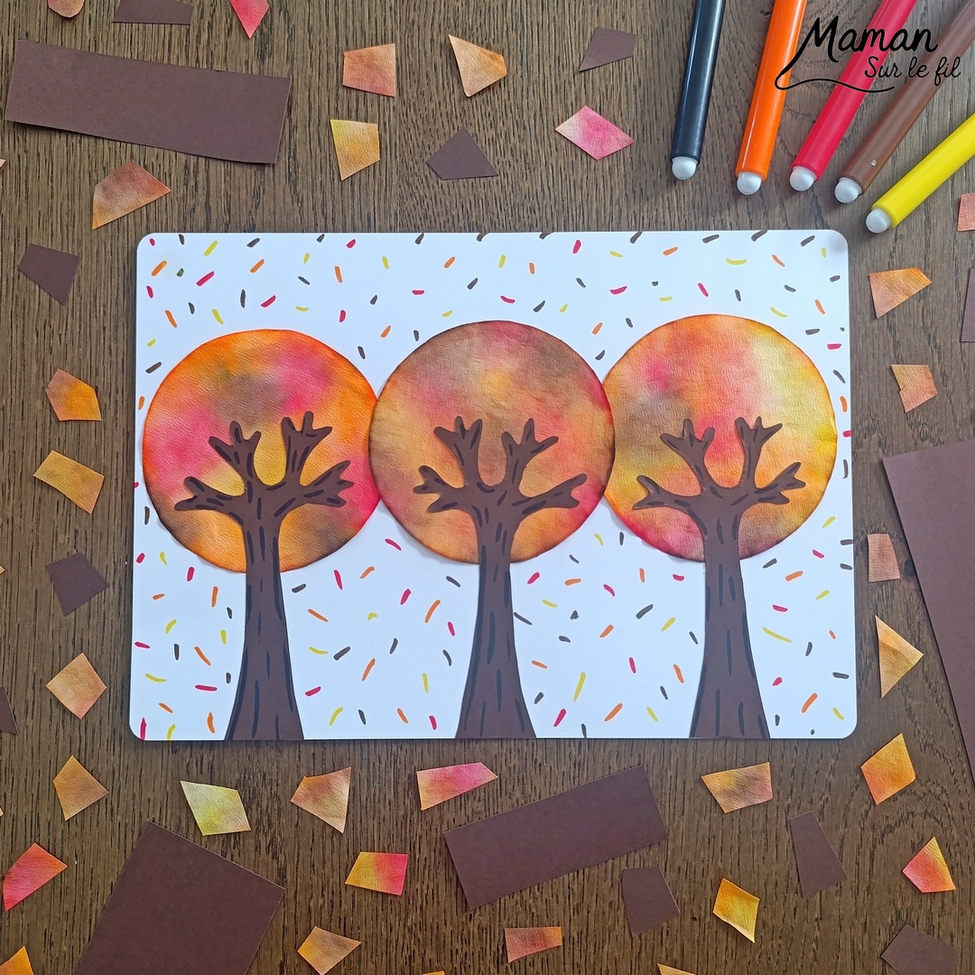 Créer une forêt et des arbres d'automne avec des filtres à café : activité créative, peinture et manuelle - Découpage de cercles dans les filtres à café - Gribouillage avec des feutres et pulvérisation d'eau sur les filtres à café - Couleurs automnales se mélangent pour créer des dégradés - Découpage et collage de papier pour les troncs - Dessins et graphismes - Couleurs chaudes et automnales - Bricolage et décoration DIY et facile - Bricolage Fait maison, décoration - Thème Forêts, Arbres, feuilles mortes, automne - Bricolage sympa et facile - Arts visuels Maternelle et cycle 2 - Maternelle et élémentaire - Créativité - Cycle 1 ou 2 - tutoriel photos et vidéo - mslf
