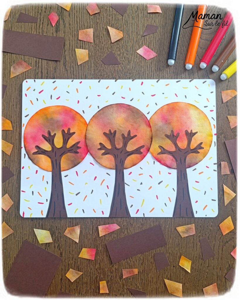 Créer une forêt et des arbres d'automne avec des filtres à café : activité créative, peinture et manuelle - Découpage de cercles dans les filtres à café - Gribouillage avec des feutres et pulvérisation d'eau sur les filtres à café - Couleurs automnales se mélangent pour créer des dégradés - Découpage et collage de papier pour les troncs - Dessins et graphismes - Couleurs chaudes et automnales - Bricolage et décoration DIY et facile - Bricolage Fait maison, décoration - Thème Forêts, Arbres, feuilles mortes, automne - Bricolage sympa et facile - Arts visuels Maternelle et cycle 2 - Maternelle et élémentaire - Créativité - Cycle 1 ou 2 - tutoriel photos et vidéo - mslf