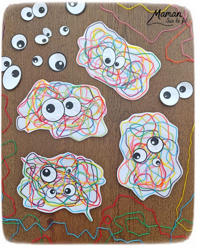 Créer des monstres colorés en laine plastifiée : activité créative, rigolote et manuelle - Laine, fils de broderie multicolores collé ou plastifié pour faire une forme aléatoire de monstres - Yeux rigolos découpés et collés pour finir - Découpage, collage - Tête de monstre rigolote - Bricolage et décoration DIY et facile - Bricolage Fait maison, décoration - Thème Halloween, monstres, créatures imaginaires et légendaires - Bricolage sympa et facile - Arts visuels Maternelle et cycle 2 - Maternelle et élémentaire - Créativité - Cycle 1 ou 2 - tutoriel photos et vidéo - mslf
