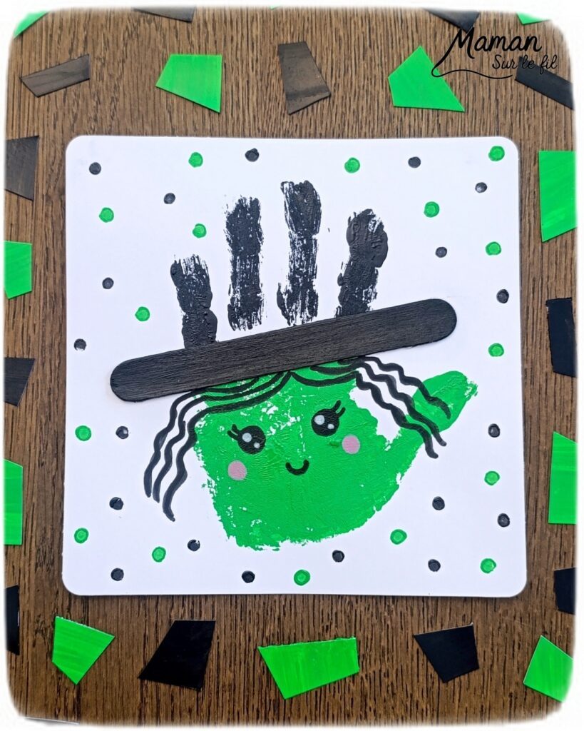Peindre une gentille sorcière avec une empreinte de main : activité créative, peinture et manuelle - Peinture avec empreinte de main - Mignonne sorcière - Récup', recyclage, surcyclage de bâtonnet de glace en bois - Dessin, pointillisme avec cotons-tiges - Bricolage et décoration DIY et facile - Bricolage Fait maison, décoration - Thème Halloween, créatures imaginaires et légendaires - Bricolage sympa et facile - Arts visuels Maternelle et cycle 2 - Maternelle et élémentaire - Créativité - Cycle 1 ou 2 - tutoriel photos - mslf