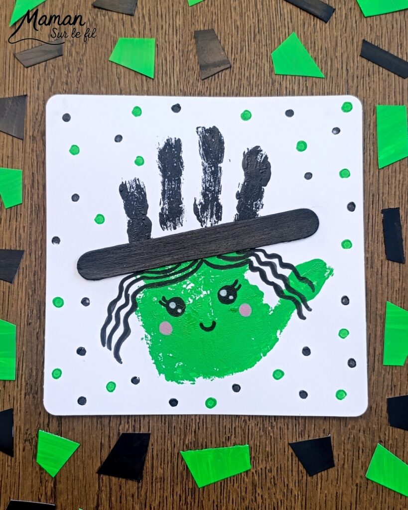 Peindre une gentille sorcière avec une empreinte de main : activité créative, peinture et manuelle - Peinture avec empreinte de main - Mignonne sorcière - Récup', recyclage, surcyclage de bâtonnet de glace en bois - Dessin, pointillisme avec cotons-tiges - Bricolage et décoration DIY et facile - Bricolage Fait maison, décoration - Thème Halloween, créatures imaginaires et légendaires - Bricolage sympa et facile - Arts visuels Maternelle et cycle 2 - Maternelle et élémentaire - Créativité - Cycle 1 ou 2 - tutoriel photos - mslf
