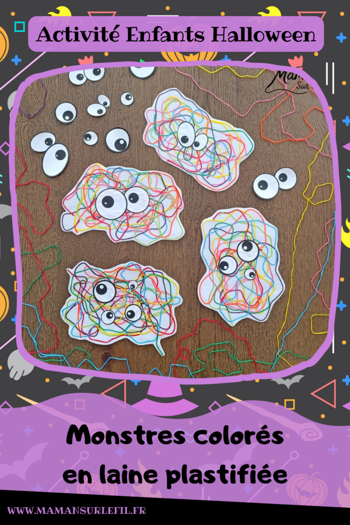 Créer des monstres colorés en laine plastifiée : activité créative, rigolote et manuelle - Laine, fils de broderie multicolores collé ou plastifié pour faire une forme aléatoire de monstres - Yeux rigolos découpés et collés pour finir - Découpage, collage - Tête de monstre rigolote - Bricolage et décoration DIY et facile - Bricolage Fait maison, décoration - Thème Halloween, monstres, créatures imaginaires et légendaires - Bricolage sympa et facile - Arts visuels Maternelle et cycle 2 - Maternelle et élémentaire - Créativité - Cycle 1 ou 2 - tutoriel photos et vidéo - mslf